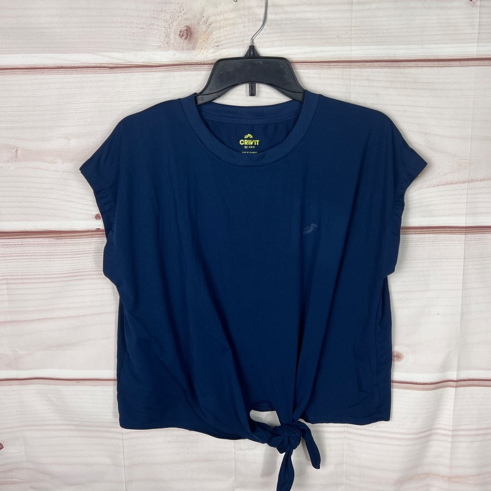 Crivit Top Womens M Blue Short Sleeve T-Shirt‎ Tie Waist Dolman Sleeve Crew Neck